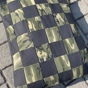Camouflage Pet Bed with black denim and hook & loop closure