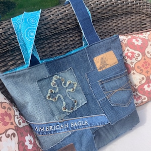American Eagle Denim Tote Bag made from repurposed denim jeans