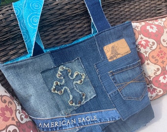 Large Denim Tote Bag With Zipper Made From Recycled Denim - Etsy