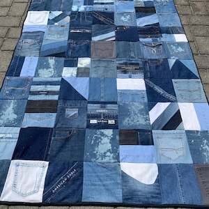 Up-Cycled “Denim Graffiti” Throw Quilt w/ blue Minky backing