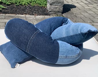 Knotty-But-Nice Denim Interactive Pillow made from Upcycled denim jeans