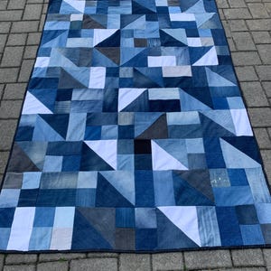 Denim and Blue Minky Throw Quilt in abstract pattern made with up-cycled denim jeans