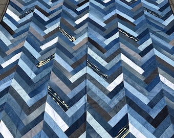 Up-Cycled Denim Chevron Queen Quilt w/ Pillow Shams Made From Upcyled Blue Jeans