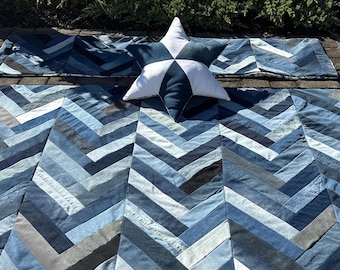 Chevron King Quilt w/ Pillow Shams Made From UpCycled Denim Blue Jeans