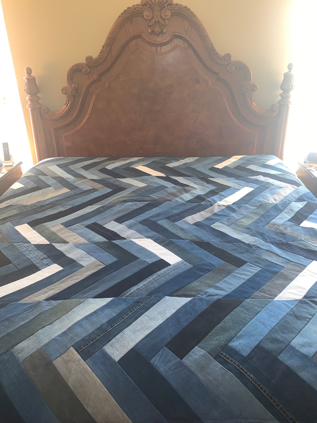 Chevron Denim King Quilt With White Snowflake Flannel Etsy
