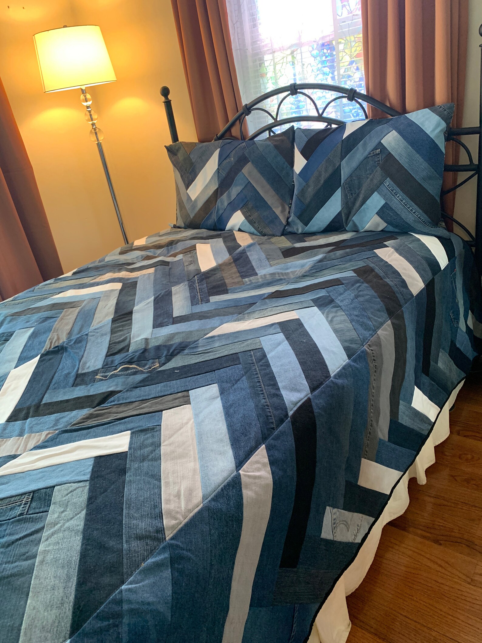 Upcycled Denim Chevron Queen Quilt & Pillow Shams W/ Navy Etsy