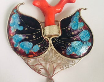 Handmade Cloisonné Enamel Silver Butterfly Brooch Jewelry Spring Themed Accessorie with Coral and Pearl Natural stones for Women