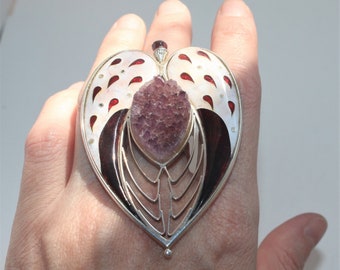 Sterling Silver 925 Ring Cloisonne Enamel Jewelry Amethyst Silver Ring Angel Wing Ring Heart Shape Silver Ring February Birthstone