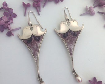 Purple Bird Shape Earrings Sterling Silver 925 Cloisonne Enamel Dangling Earrings Bird Earrings With Pearl Enamel Jewelry