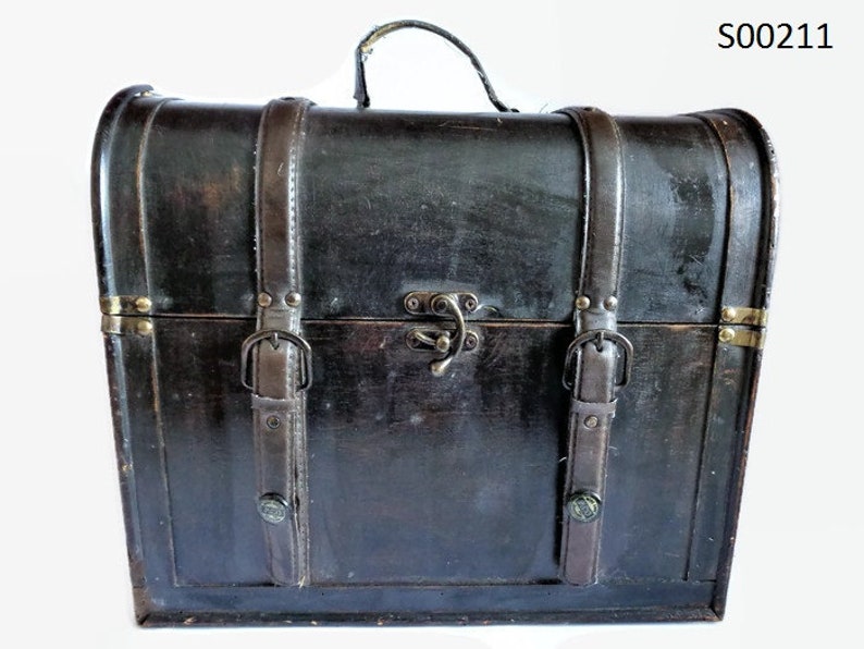 Vintage Large Wood Chest with Leather Trim Antique Trunk MCD More Core Division Wooden Storage Box Travel Case