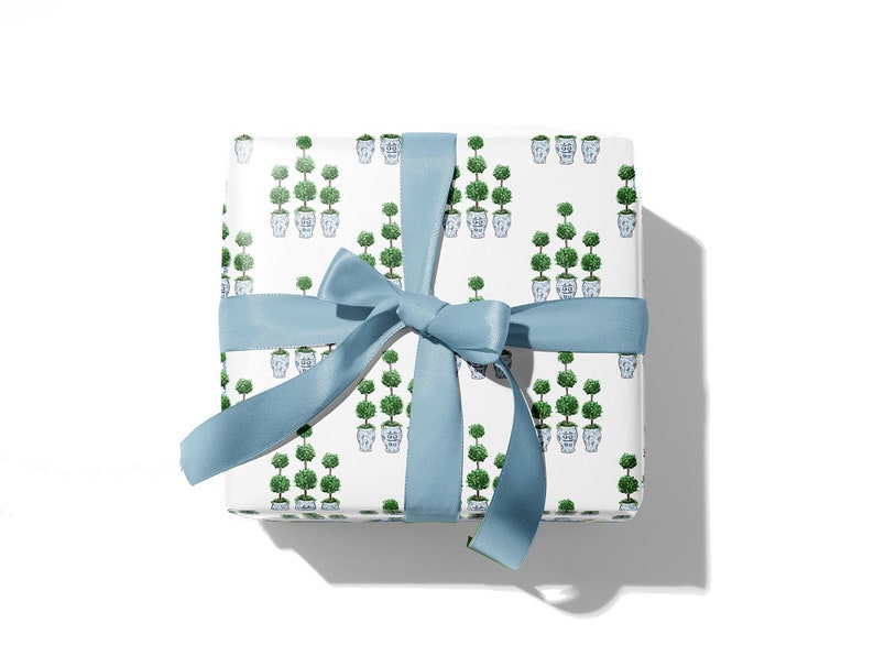 Topiary Gift Wrap Chinoiserie Decor Wrapping Paper Blue White Green Gift Wrap Sheets