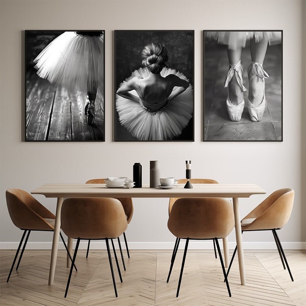 Elegant Black and White Set of 3 Ballerina Posters for Romantic Home Decor, Ballet Lovers Gift, Dancer Shoes and Tutu Skirt,Digital Download