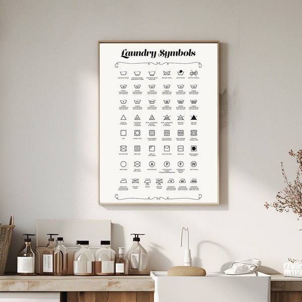 Laundry Symbols Printable Wall Art, Laundry Instructions Wall Print, Bathroom Print, Laundry Cheat Sheet, Washing Guide, Digital Download
