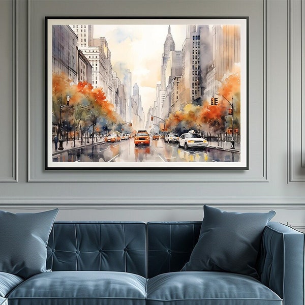 Colorful Watercolor Painting City Scene Wall Art, Modern Home Decor, Daily Urban Life Printable, Tall City Buildings Art, Digital Download