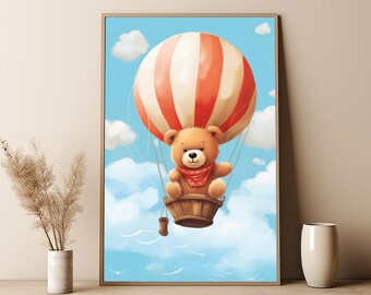 Bear Nursery Print, Cute Bear Wall Print, Bear on Balloon Nursery Print, Bear Nursery Poster, Cute Animal Print, Digital Download