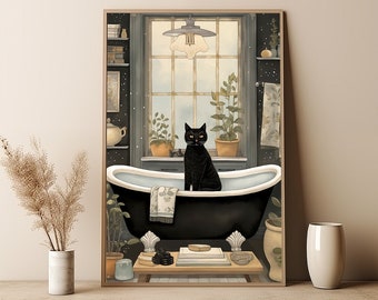 Black Cat in Bathtub Illustration: Chic Bathroom Wall Print (Digital Download)