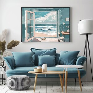 Meereslandschaft vom Haus Küstenposter, entspannender tropischer Meerblick Wanddruck, blaue Farbpalette Strandhaus Wandkunst, digitaler Download