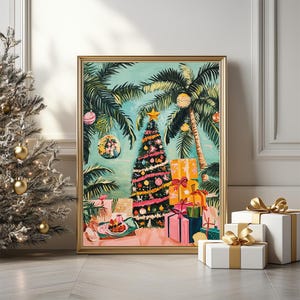 Tropischer Weihnachtsbaum-Kunstdruck, Weihnachten im Sommerinsel-Poster, lustiges festliches Art-Dekor, Strandurlaub druckbare, digitaler Download