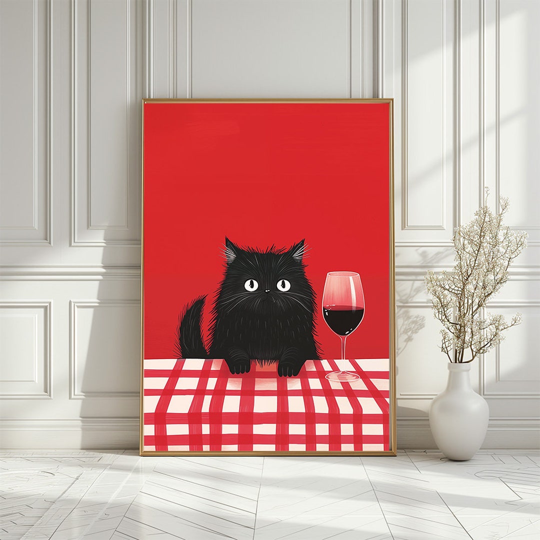 Black Cat With Wine Glass Kitchen Print: Whimsical Cat Lover Decor ...