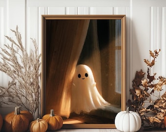 Kunstdruck „Geist beim Versteckspiel“, Vintage-Halloween-Wanddekoration (Digitaler Download)