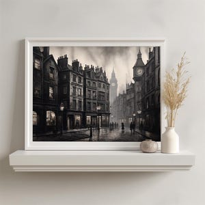 Viktorianische London Gemälde, schwarz und weiß Urban Szene (Digitaler Download)