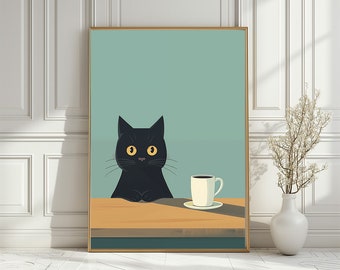 Czarny kot w kubku do kawy – wydruk kuchenny: Minimalistyczna sztuka miłośników kotów (pobranie cyfrowe)