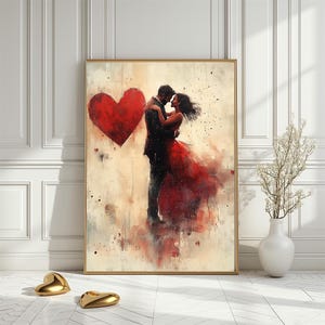 Impresión artística abstracta de pareja bailando, tarjeta apasionada del día de San Valentín, decoración romántica del hogar, póster de amor moderno y elegante, descarga digital