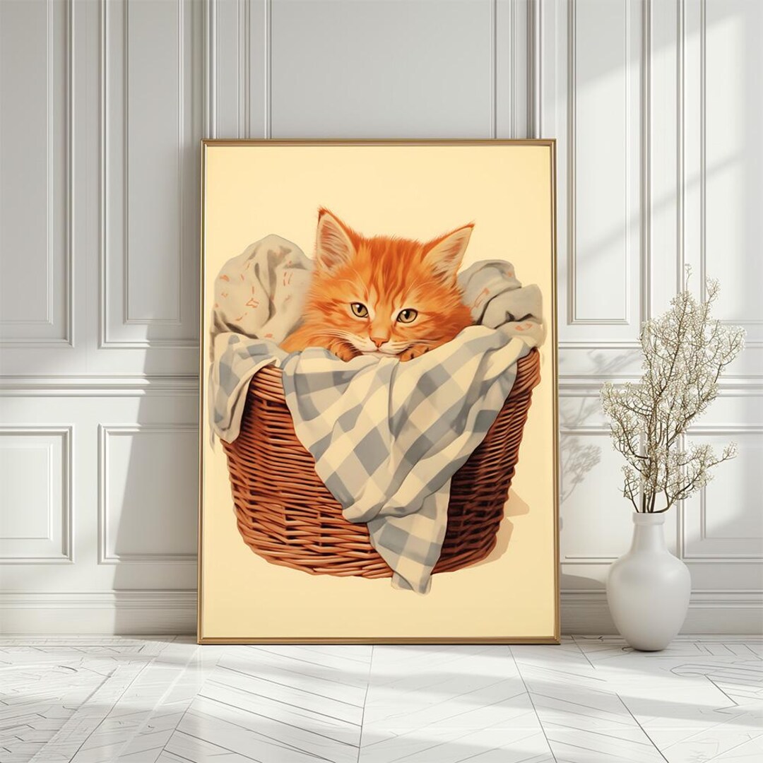Laundry Room Cat Art Print, Cat in Basket Wall Poster (digital Download ...
