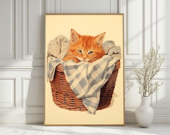 Waschküche Katze Art Print, Katze im Korb Wand Poster (Digitaler Download)