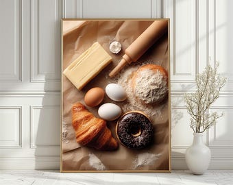 Backzutaten Küche Kunstdruck, Rustikales Food Fotografie Poster (Digitaler Download)