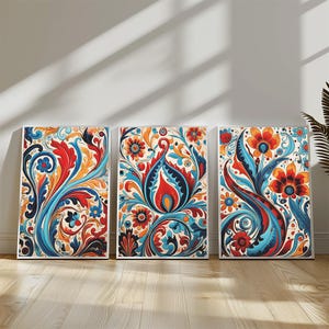 Anatolian Floral Wall Art Prints, Turkish Tile Decor, Set of 3 (Digital Download)