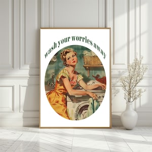 Vintage Laundry Room Art Print: Retro Woman, Washing Machine (Digital Download)