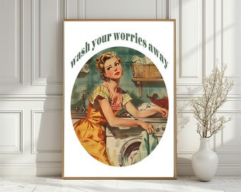 Vintage Laundry Room Art Print: Retro Woman, Washing Machine (Digital Download)
