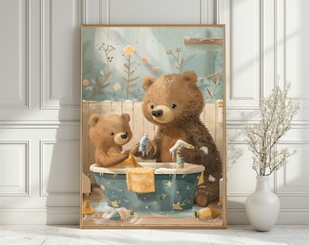 Bear Baby Bath Print: Neutral Nursery Animal Art (digital Download