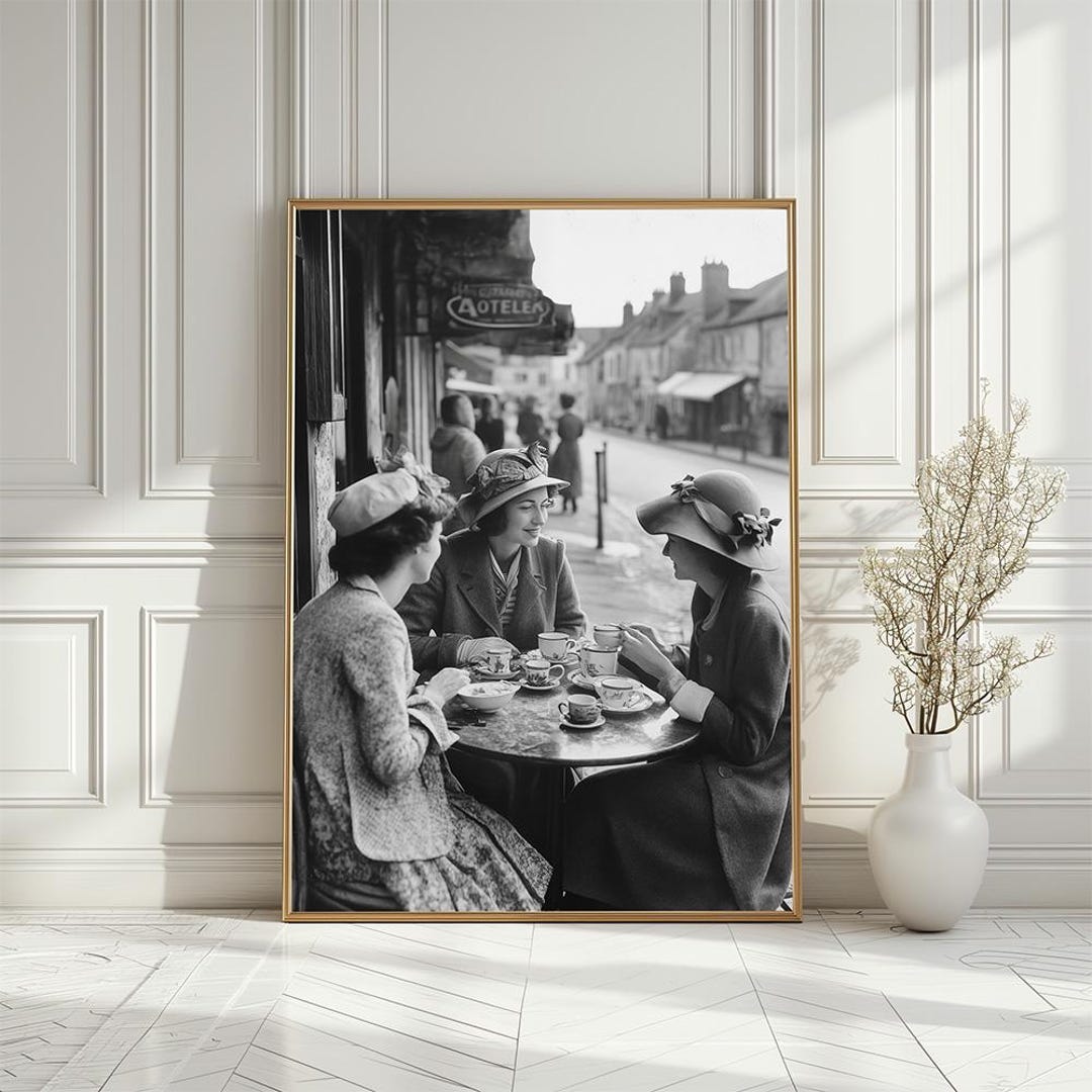 Vintage Tea Time Poster: Black and White Cafe Society Art (digital
