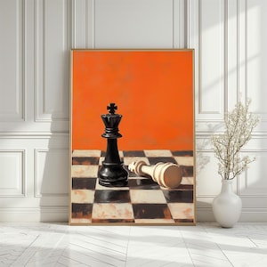May include: A black chess king piece stands on a black square of a chessboard, facing a white chess king piece that has fallen over on a white square. The chessboard is set against a bright orange background.