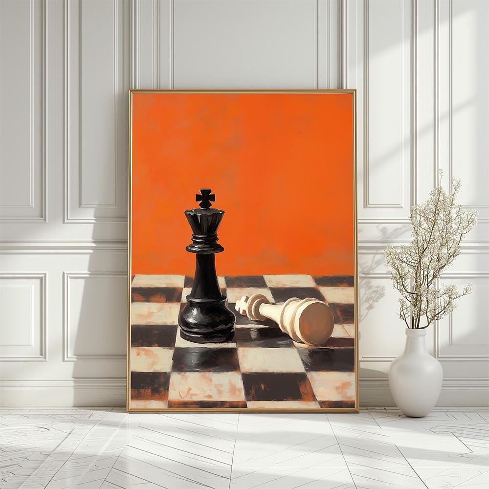 Checkmate Chessboard Art Print: Modern Orange Decor (digital