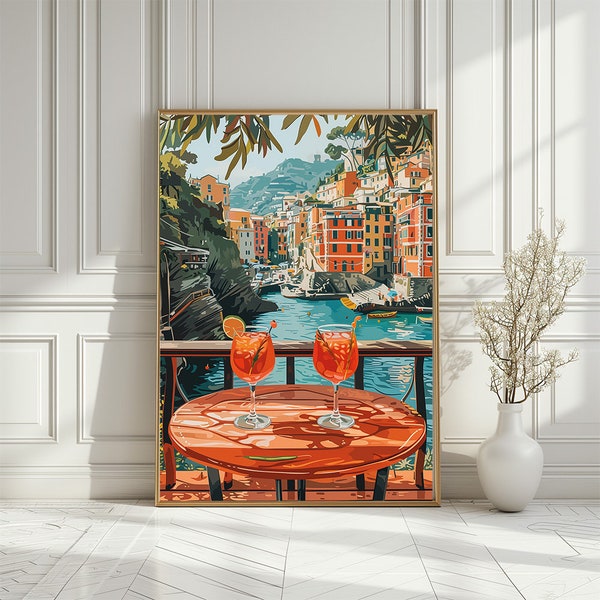 Beautiful Italian Riviera Poster, Portofino View from Balcony with Spritz Glasses on Table, Colorful Illustration Print, Digital Download