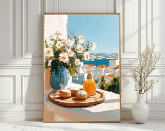 Mediterranean Balcony Brunch Art Print: Seaside Breakfast Scene (Digital Download)