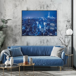 New York City View Poster for Modern Home Decor, Urban Landscape with City Lights at Night in Blue Color Palette Art Print, Digital Download