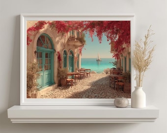 Mittelmeerküste Kunstdruck, Griechische Insel Straßenszene Poster (Digitaler Download)