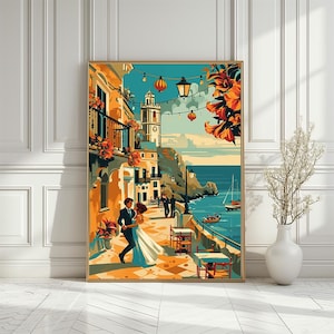 Romantisches Paar in Küstendorf Küsten Poster, Elegantes Paar Tanz in Küstenstadt, Sonnenuntergang Romanze an der Französisch Riviera, Digital Download