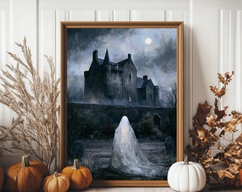 Halloween-Kunstdruck „Spukschloss mit Geistermotiv“, gruselige gotische Wanddekoration (Digitaler Download)