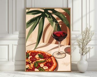 Pizza and Wine Art Print, Colorful Italian Kitchen Wall Decor (Digital Download)