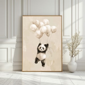 Cute Panda Flying With Balloons Nursery Print, Adorable Baby Panda Illustration Poster, Soft Color Neutral Baby Room Decor, Digital Download