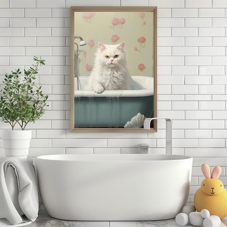 White Cat in Bathtub Print: Elegant Bathroom Wall Art (digital Download ...
