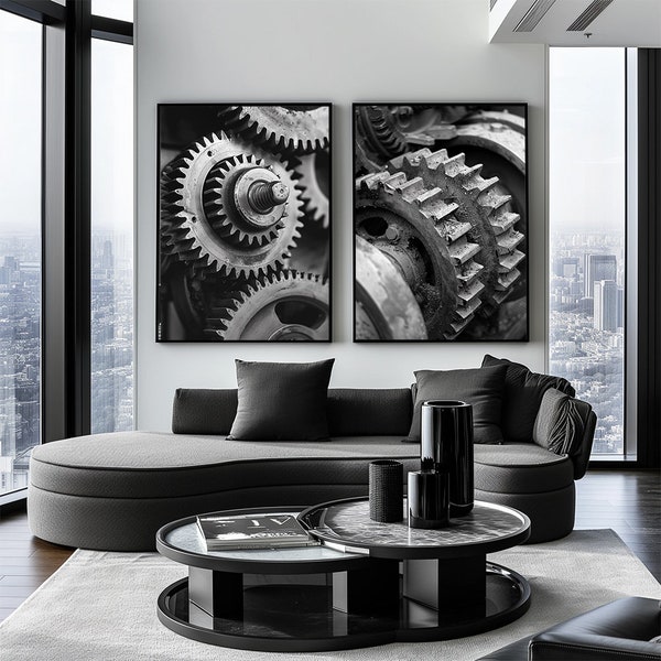 Set of 2 Black and White Industrial Gear Posters, Modern Industrial Chic Art Prints for Unique Home Decor, Steampunk Valves,Digital Download