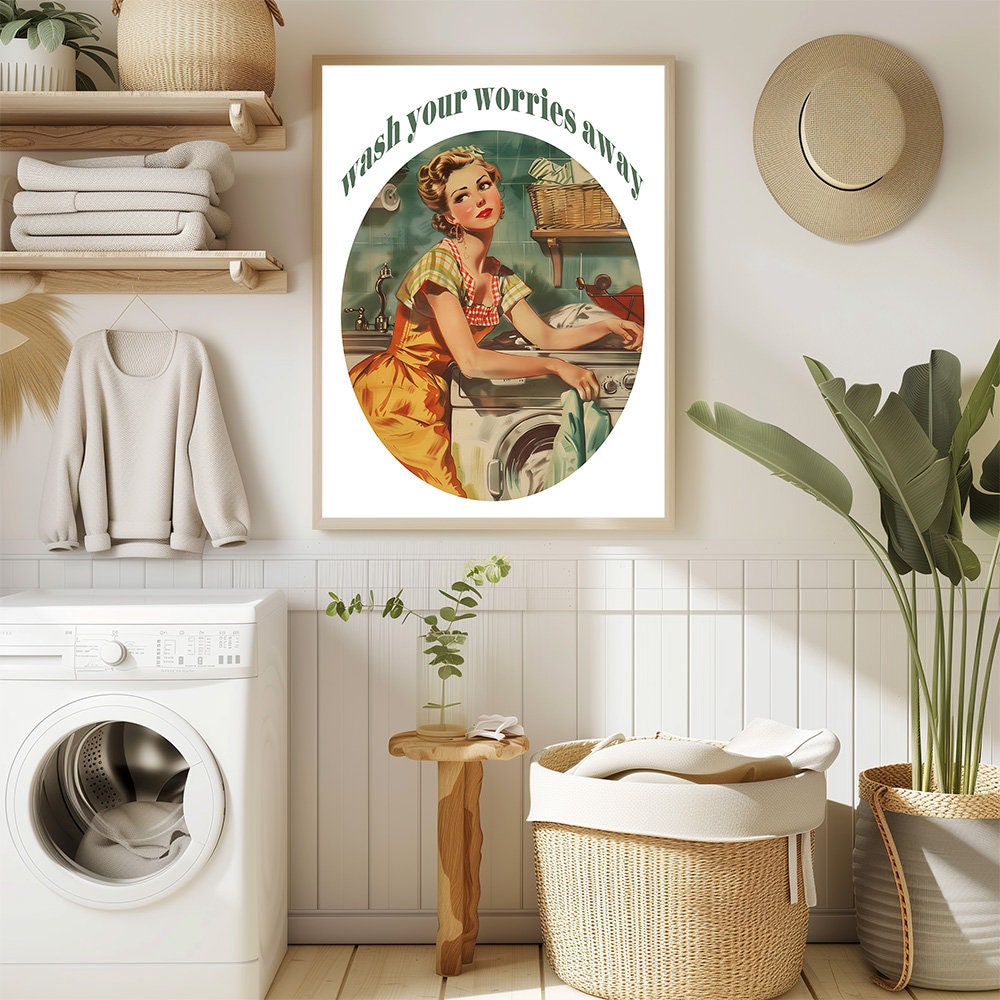 Vintage Laundry Room Art Print: Retro Woman, Washing Machine (digital ...