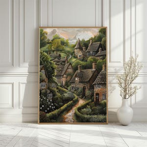 Cartaz de paisagem rústica do interior da Inglaterra, pequena vila britânica com casas de pedra, vista da rua na paleta de cores verde, download digital