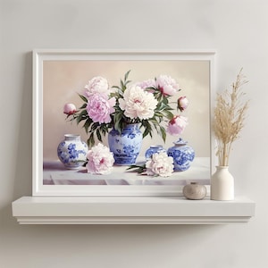 Ilustración de ramo de flores romántico, impresión botánica en colores suaves, póster de jarrón de peonías azules y blancas, impresión de bodegón floral, descarga digital